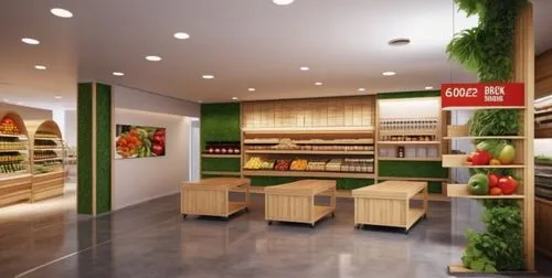 Design a food and beverage sales space based on the concept of a supermarket, with a warm and clean style, centrally located furniture filled with fruits and vegetables, indirect lighting used to crea