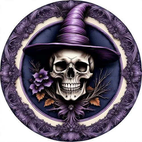 a skull wearing a hat on top of a round,witch's hat icon,witch's hat,skullcap,witch hat,halloween border,witches hat