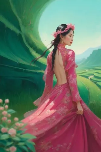 an elegant asian lady, wearing a deep pink cherry backless flowy dress, the background of beautiful deep emerald terraced fields,an oil painting of a woman in a pink dress in a green field,radha,anark