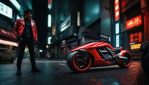 Akira, person standing next to the motorbike, red leather jacket, cyberpunk, Tokyo, neon glow, steam, future,electric scooter,e-scooter,cyberpunk,futuristic,3d car wallpaper,red motor,mobility scooter