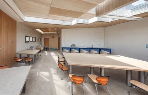 a futuristic science lab in a school, relaxed and pleasant,school design,daylighting,school benches,archidaily,canteen,kitchen block,children's interior,kitchen interior,lecture room,folding roof,timb