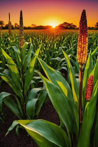 Create a poem that captures the beauty of ornamental corn in a serene garden at sunset.,corn field,sorghum,maize,cornfield,field of cereals,ornamental corn,sweet corn,sweetcorn,bed in the cornfield,co