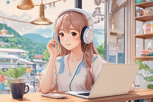 listening to music,tsumugi kotobuki k-on,headphone,girl studying,music background,girl at the computer,listening,wireless headset,blogs music,headphones,headset,musical background,hearing,music,music player,audio accessory,coffee background,streaming,musicplayer,the listening,Illustration,Japanese style,Japanese Style 01