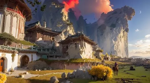 shambhala,palyul,fantasy landscape,mountain settlement,himalayans,monasteries,Photography,General,Realistic