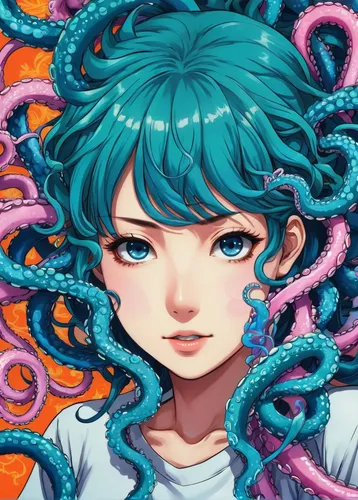 medusa,medusa gorgon,cnidaria,hatsune miku,gorgon,tentacles,turquoise,cyan,teal digital background,teal stitches,tentacle,miku,noodle image,sakana,mermaid background,spiral background,jellyfish,color turquoise,noodle,s-curl,Illustration,Japanese style,Japanese Style 04