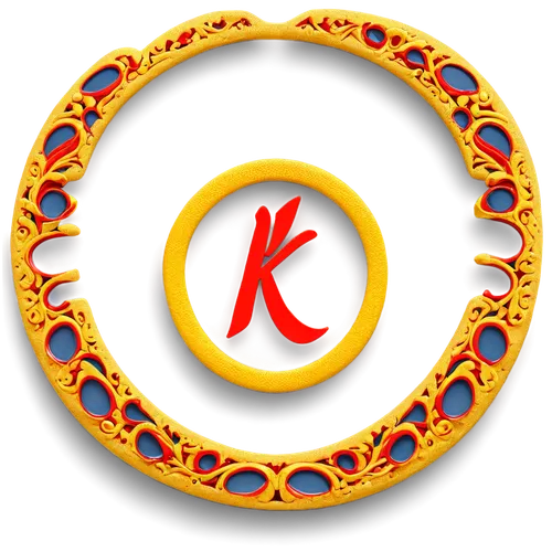 Korean food, circular logo, golden yellow background, red bold font, Korean letter "K" inside circle, intricate patterns around edge, glossy effect, 3D rendering, central composition, bright lighting,