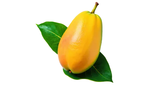 Ripe mango, solo, transparent background, bright yellow skin, green leafy top, slight sheen, juicy flesh, detailed texture, soft natural lighting, 3/4 composition, shallow depth of field, warm color t