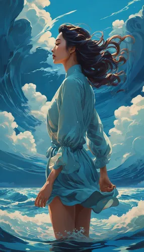 a woman that is standing in the water, by Li Song, digital art, harmony of swirly clouds, style of kilian Eng, cover photo portrait of du juan, trending at cgstation, waves, under blue clouds,  wind s