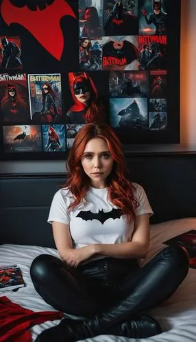  ((Elizabeth Olsen)) geek gothic sitting on the bed, (((wearing batwoman t-shirt)))((action pose)),  night (((long red hair))), In the background, a geek room, with comic books, and posters on the wal