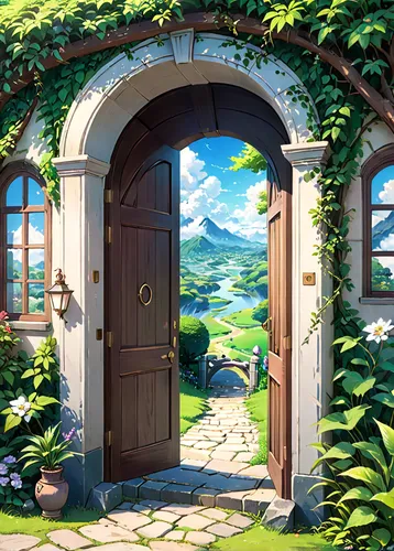 garden door,open door,door,home door,violet evergarden,wooden door,studio ghibli,doorway,the door,home landscape,the threshold of the house,dandelion hall,window to the world,farm gate,front door,fairy door,gate,old door,doors,tearoom,Anime,Anime,Traditional