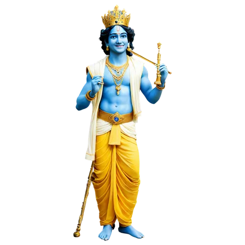 Hindu god, Lord Krishna, blue-skinned, smiling face, adorned crown, earrings, necklace, golden ornaments, draped in white-yellow garments, holding flute, standing with crossed legs, serene background,