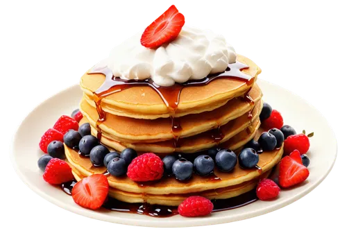 Delicious stack of pancakes, golden brown, syrup drips down, butter melting, fresh berries on top, whipped cream, morning sunlight, warm colors, shallow depth of field, 3/4 composition, soft focus, mo