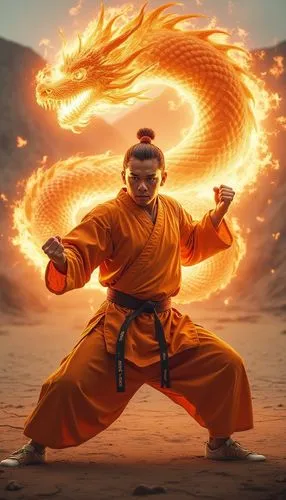 A fierce martial artist, dressed in traditional gi but with modern, vibrant colors, is shown in an intense battle stance. As he punches the air, a massive dragon made entirely of flames spirals upward