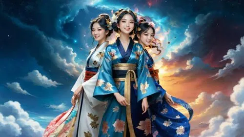 create a photo realistic image of three beautiful  Japanese very voluptuous goddesses. All three are floating in the void near a nebula in the back ground. All three females have beautiful angelic-lik