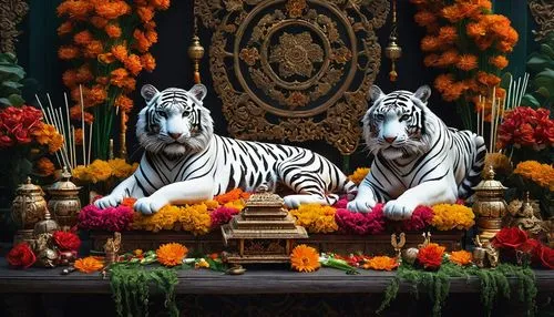 Um altar ricamente decorado com flores e incenso, onde as pessoas fazem oferendas ao Tigre Branco. Objetos simbólicos, como espadas em miniatura e pequenos tigres de jade, são cuidadosamente dispostos