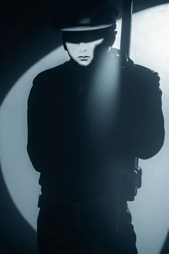 Color the drawing in post-apocalyptic, cyberpunk, vaporwave style,the man is holding a gun behind a shadow,samourai,boogiepop,film noir,numan,wesker,noir,Photography,Black and white photography,Black 