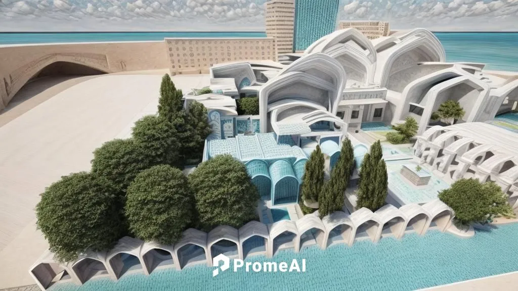 Realistic rendering of the Aghamiri Art Cultural Foundation with Iranian arches and white, pale blue and turquoise colors. 
And the background of the city should be a building and not the sea 
And the