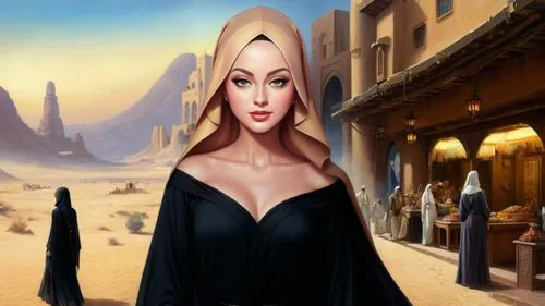 Romantic masterpiece oil painting, beautiful girl portrait, abaya dress, nostalgic 1950's style kitsch, breathtaking beautiful epic vast landscape, Tatooine, Mos Eisley Spaceport, majestic scenery, st