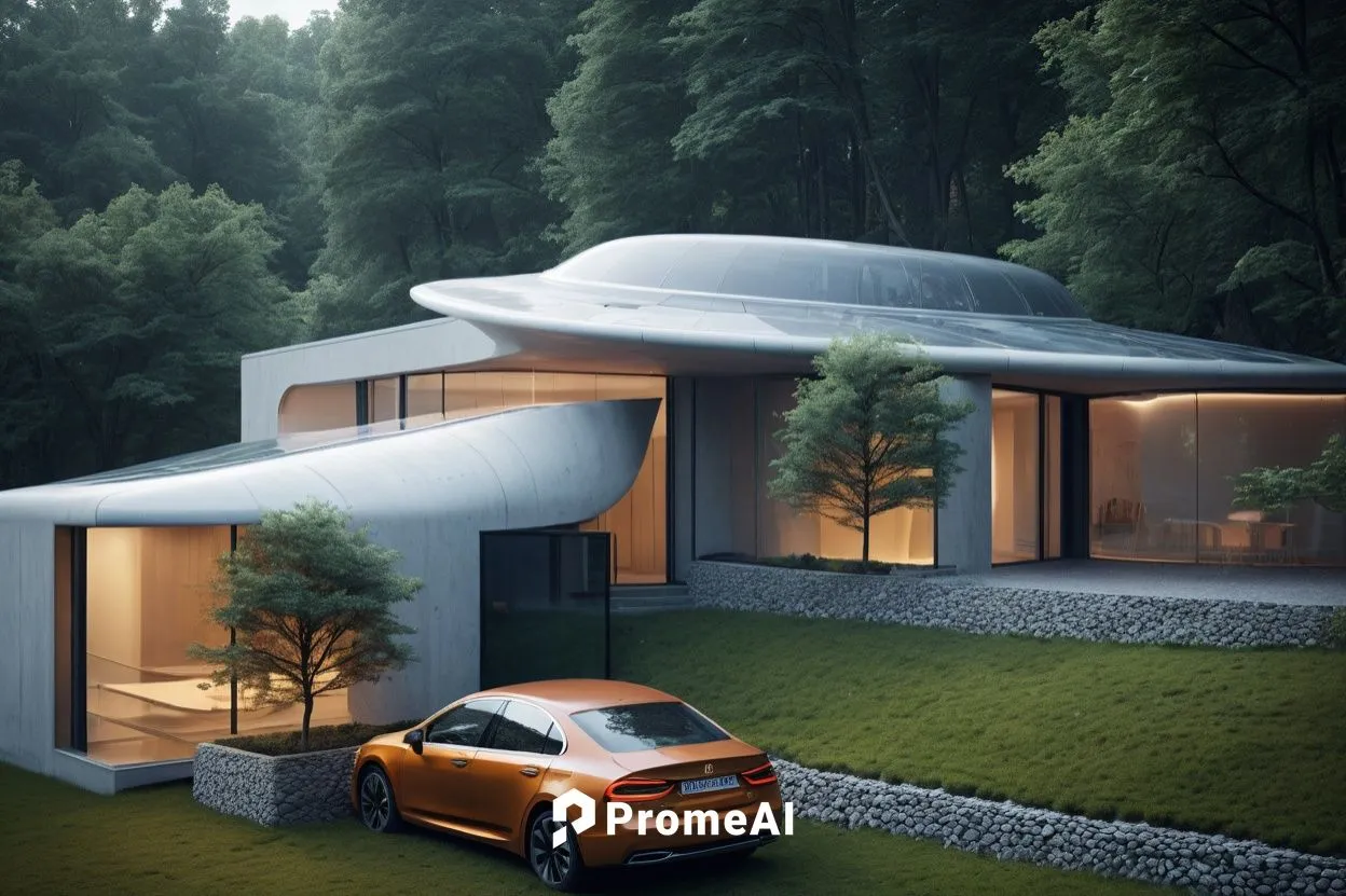 FLOOR PLAN SET WITH GRASS AND TREE DETAILS,an orange car sitting in front of a home,folding roof,3d rendering,cubic house,prefab,electrohome,metal roof,Photography,General,Sci-Fi