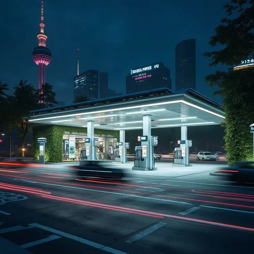 electric gas station,gas station,e-gas station,tokyo,tokyo city,tokio,light trails,filling station,light trail,longexposure,forecourt,petrol pump,busstop,city corner,long exposure,taxi stand,night shot,bus stop,kamurocho,photo session at night,Photography,General,Realistic