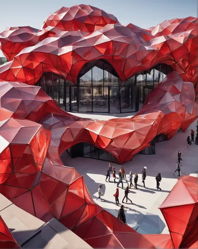 soumaya museum,honeycomb structure,futuristic art museum,hudson yards,cubic house,building honeycomb,archidaily,universal exhibition of paris,red heart shapes,futuristic architecture,huge umbrellas,outdoor structure,water cube,solar cell base,oculus,glass facade,frame house,red milan,baku eye,3d rendering,Unique,3D,Low Poly