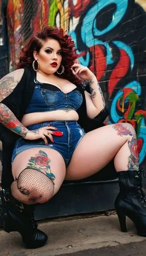 tattoo girl,rockabilly style,rockabilly,pin-up model,red brick wall,denim background,goth woman,trample boot,leather boots,pinup girl,plus-size model,girl in overalls,pin ups,pin up girl,hard woman,barb wire,pin up,denim jeans,cross legged,cowboy boots,Illustration,Realistic Fantasy,Realistic Fantasy 37