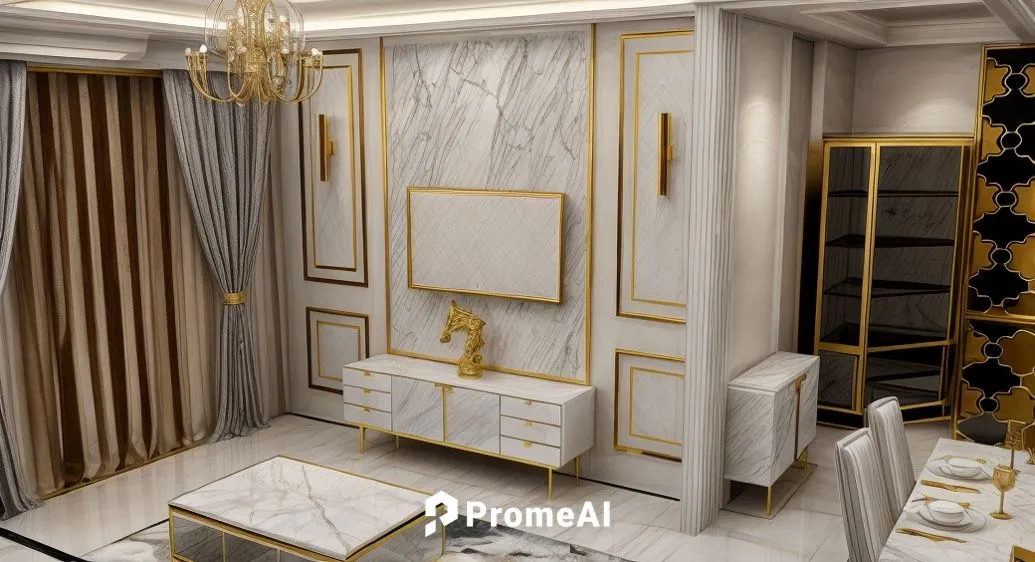 in the center it is a tv set. keep interior look luxurious, premium, gold and white color scheme. the vertical bars are in  gold.
,luxury bathroom,luxury home interior,ornate room,interior decoration,