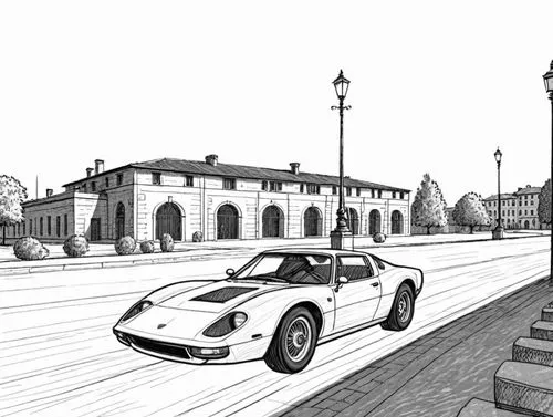 Sketch design,barchetta,sketchup,ford gt40,targa,miura,testarossa,bizzarrini,muscle car cartoon,berlinetta,ginetta,stratos,maranello,illustration of a car,mono-line line art,rome 2,ferrar,scuderia,ape