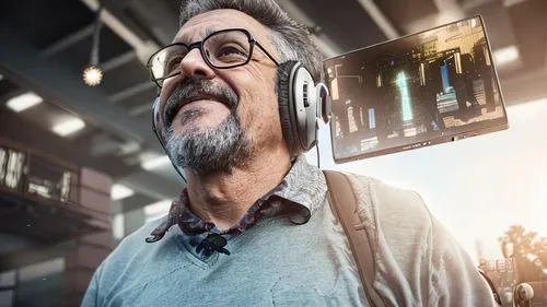 happy white middle aged male professor with glasses and earphones, dystopian



,reading glasses,man with a computer,wireless headset,digital identity,the local administration of mastery,online course