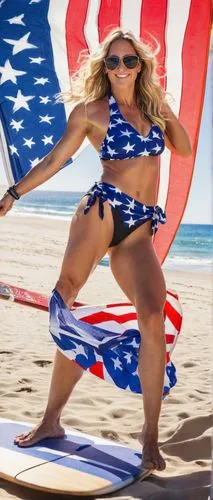 Lauren Boebert, 30s, blonde hair, beachy waves, natural makeup, fit physique, toned legs, waist, chest, American flag bikini, star-spangled sarong, sandals, sunglasses, beach ball, surfing board, ocea