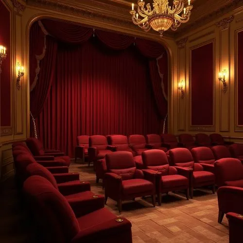 Intimate theater setting, rich velvet curtains, ornate golden frames, plush red seating, intricate molding details, soft warm lighting, subtle shadows, grand chandeliers, refined wooden floors, acoust