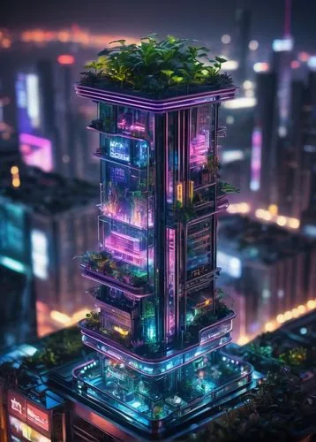 Futuristic, cyberpunk skyscraper, TN-inspired neon lights, geometric metal structure, reflective glass facade, intricate circuit board patterns, holographic advertisements, rooftop garden with glowing