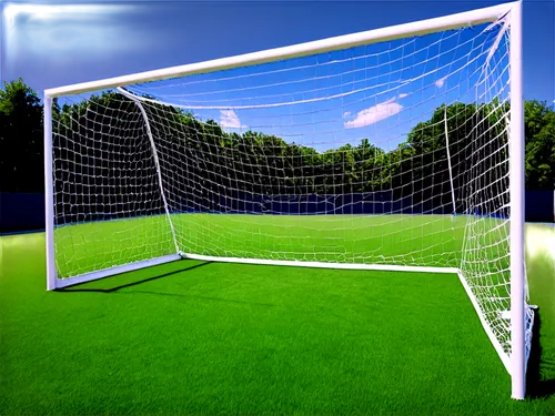 Stadium goal, soccer net, white posts, black mesh, shiny surface, metal frame, grassy field, sunny day, dramatic lighting, low-angle shot, 3/4 composition, vivid color tone, realistic texture.,a white