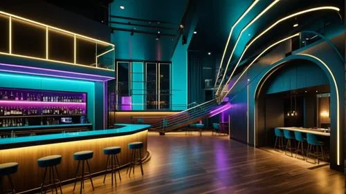 ночной клуб с ломанием пространства,an empty bar with a lot of chairs,nightclub,piano bar,liquor bar,neon cocktails,nightclubs,neon light drinks,Photography,General,Realistic