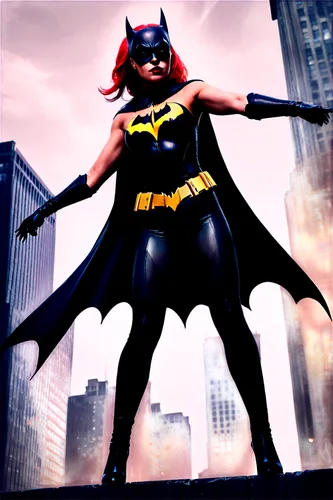 DC Comics, superhero, Batman, Batgirl, or Harley Quinn, dynamic pose, cape flowing, muscular arms, determined facial expression, cityscape background, Gotham City, dark tone, high contrast, cinematic 