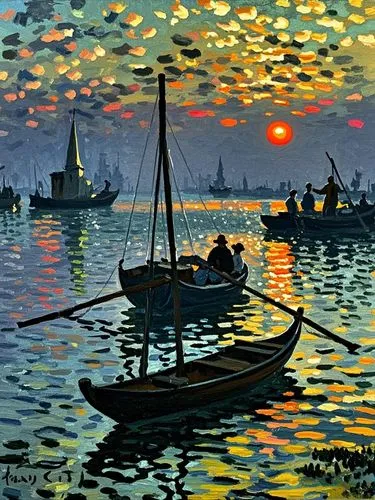 some small boats with people in them at the water's edge,dubbeldam,regatta,signac,fishing boats,pittura,cesenatico,sailboats,mesdag,murano,fishermen,regata,small boats on sea,impressionism,mostovoy,tu