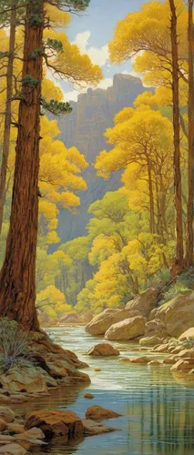 Describe the tranquil atmosphere at Knot Springs.,forest landscape,river landscape,brook landscape,autumn landscape,coastal landscape,fall landscape,nature landscape,robert duncanson,fantasy landscape