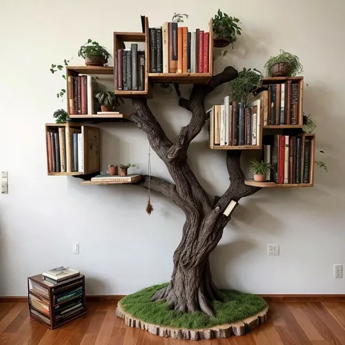 bookshelves,bookshelf,bookcase,book wall,cardstock tree,bonsai tree,wooden shelf,ficus,penny tree,shelving,tree house,dwarf tree,bonsai,potted tree,shelves,dragon tree,bookend,scratch tree,smaller tree,celtic tree