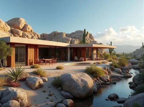 3d rendering,dunes house,render,mid century house,3d render,renders,3d rendered,desert landscape,mid century modern,rendered,desert desert landscape,renderings,xeriscaping,futuristic landscape,modern house,house in the mountains,home landscape,rendering,pool house,roof landscape,Photography,General,Realistic