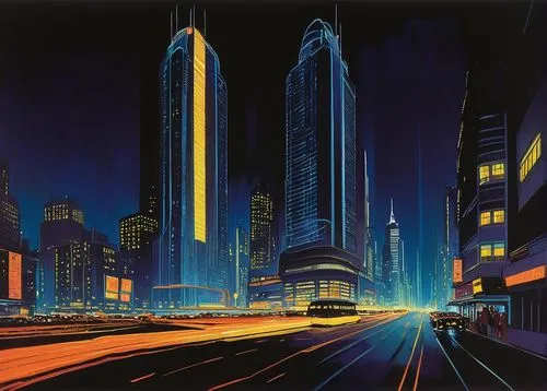 cybercity,schuiten,mcquarrie,schuitema,motorcity,cybertown,highrises,city at night,ideon,cityscapes,skylines,skyline,city scape,black city,megacities,hildebrandt,futurist,eurocity,futuristic landscape,cityscape,Illustration,Retro,Retro 07