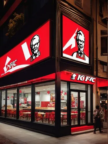 Fast food restaurant, KFC storefront, JKF logo, bright lights, evening time, urban setting, city streets, pedestrians walking by, modern architecture, glass windows, metal frames, red and white color 