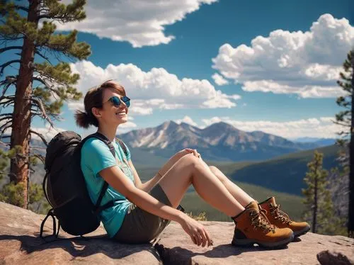 AIA, Colorado, rocky mountains, blue sky, white clouds, solo girl, 20s, athletic build, short brown hair, bright smile, sunglasses, sporty outfit, hiking boots, backpack, water bottle, sitting on a ro