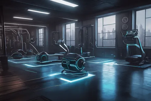 Imagine a futuristic gym setting at PWRBLD with holographic trainers and advanced equipment.,fitness room,fitness center,exercise equipment,weightlifting machine,workout equipment,exercise machine,run