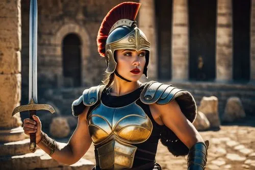 Female gladiator, strong muscular body, armor costume, helmet with golden trim, bold red lipstick, smoky eyes, ponytail hairstyle, sword in hand, confident stance, ancient Roman arena, stone pedestal,