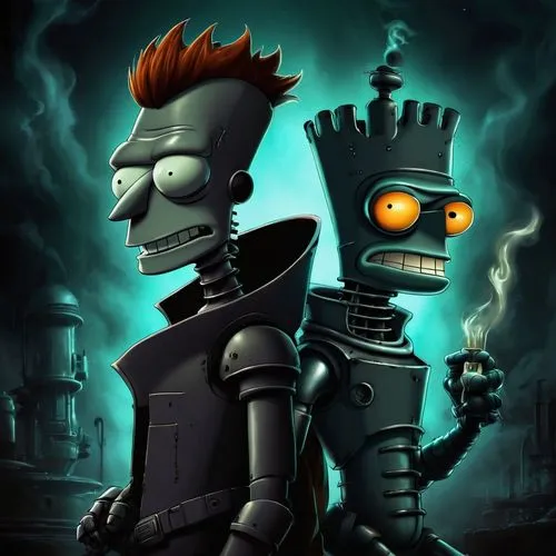 Футурама бендер и фрай,two cartoon characters one is holding a cup of coffee and the other is looking down at them,endoskeleton,bender,frankensteins,automatons,terminators,trigun,Conceptual Art,Fantas