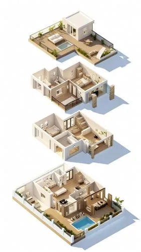 Create an isometric 3D floor plan of a three-story modern residence in an exploded format. The design should clearly separate and display all three floors, showing detailed room layouts, furniture pla