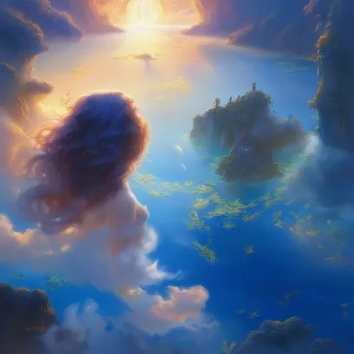 long hair blue jeans misty sky ,sea of clouds,merida,above the clouds,fantasy landscape,mermaid background,world digital painting,cloudscape,cloud mushroom,lion king,an island far away landscape,the l