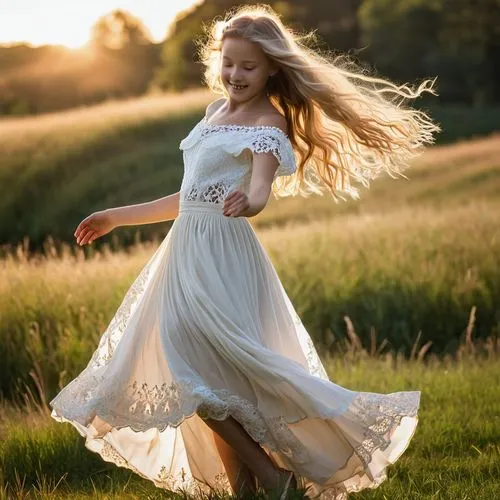 little girl in wind,girl in a long dress,girl in white dress,frolicking,gracefulness,country dress,Photography,General,Realistic