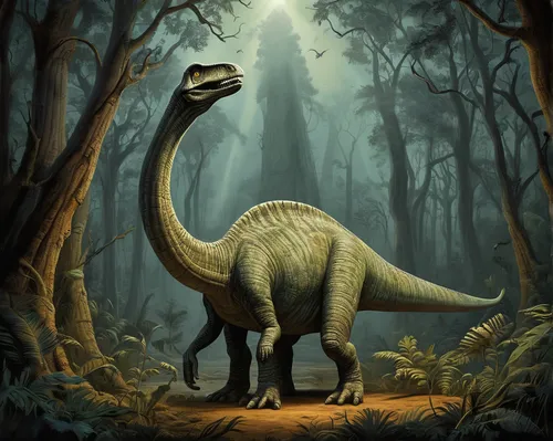 Devise a mysterious dinosaur cartoon where a brachiosaurus uncovers an ancient secret in a haunted forest.,landmannahellir,tirannosaurus,dinosaruio,troodon,dino,palaeontology,dinosaur,spinosaurus,bron