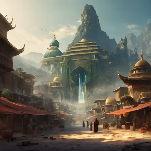 یه دختر که داره راه میره در جنگل تاریک و هوا خیلی آلود,ancient city,fantasy landscape,mountain settlement,meteora,chinese background,ancient buildings,concept art,souk,development concept,world digita